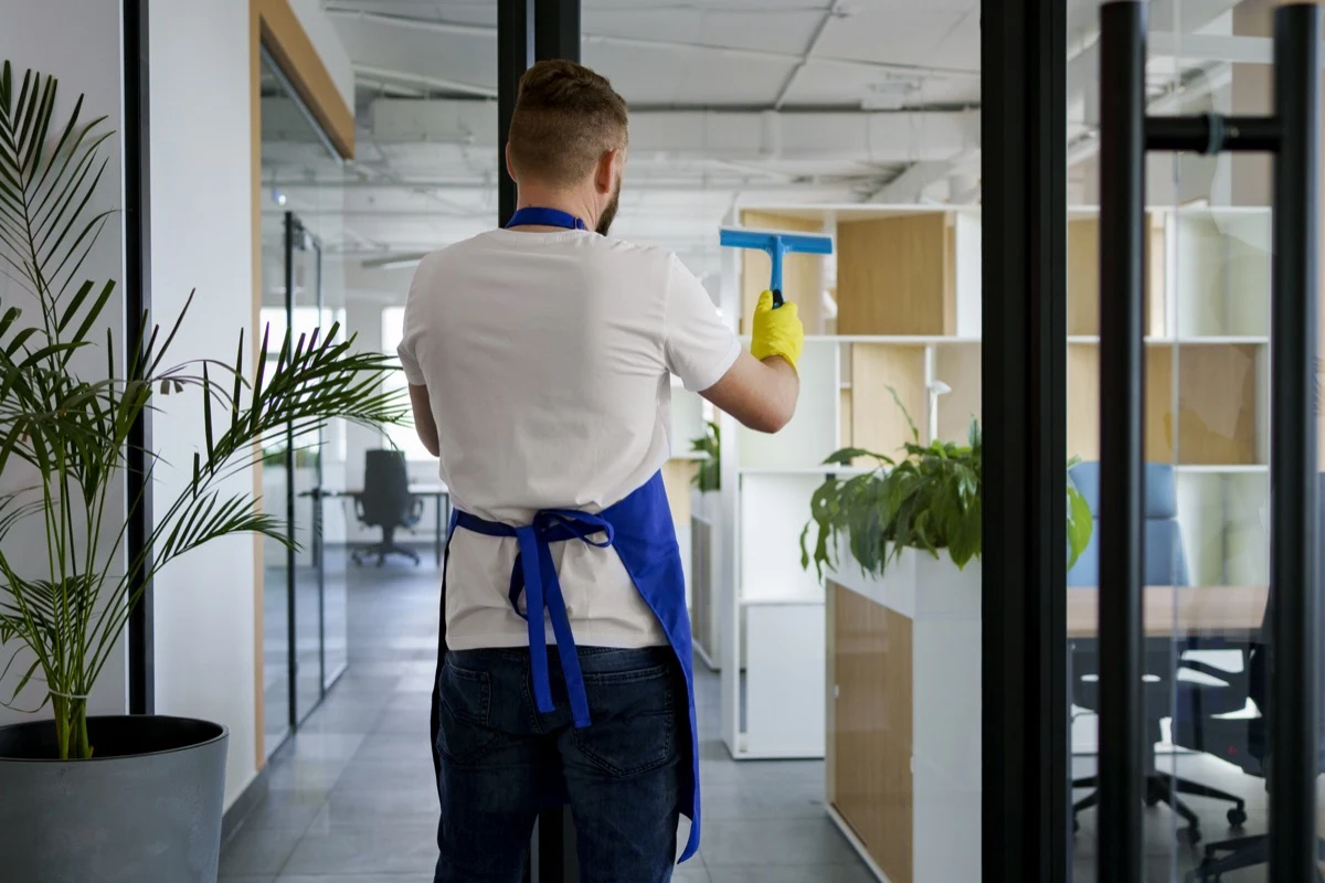 Reinigungskraft putzt eine Glasfront in einem hellen Büro